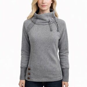 Prana Lucia Sweater Gray Drawstring Cowl Neck Wool Blend Herringbone Top Size S